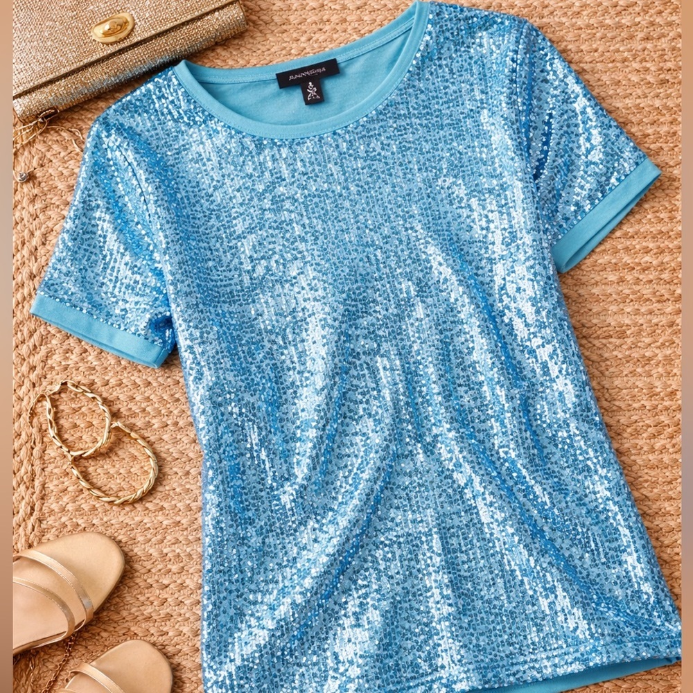 Anne Klein Sequin Tee XS Pool Blue NWT Sparkle Top Short Sleeve Glam Tee Party